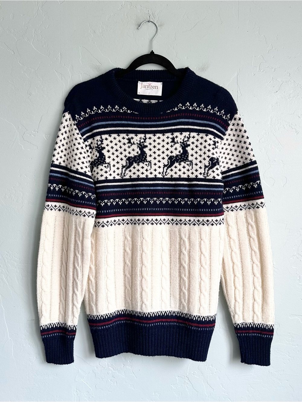 Vintage Jantzen Men Knit Fair Isle Reindeer Sweater Medium Christmas Cottagecore